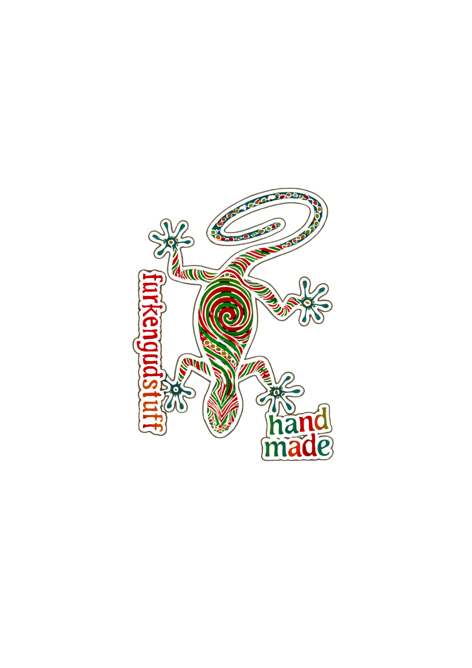 Colorful lizard design with 'furkengudstuff' and 'handmade' text on a white background